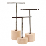Présentoir bijoux en forme de T avec pied en bois pour boucles d'oreilles (3 pcs) Naturel (couleur naturelle du bois)-noir