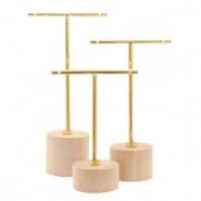 Présentoir bijoux en forme de T avec pied en bois pour boucles d'oreilles (3 pcs) Naturel (couleur naturelle du bois)-doré