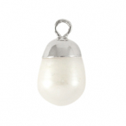 BQ Perles d'eau douce breloque rond Argenté-Blanc naturel
