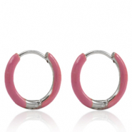 Boucles d'oreilles en acier Inox créoles émaillée 14mm Rose thulian-argenté