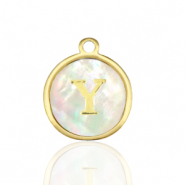 Breloques en acier Inox nacre rond 12mm lettre Y Blanc (couleur naturelle)-doré