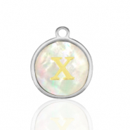 Breloques en acier Inox nacre rond 12mm lettre X Blanc (couleur naturelle)-argenté
