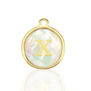 Breloques en acier Inox nacre rond 12mm lettre X Blanc (couleur naturelle)-doré
