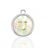 Breloques en acier Inox nacre rond 12mm lettre U Blanc (couleur naturelle)-argenté