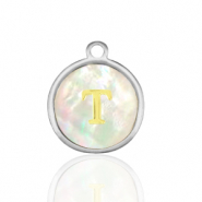 Breloques en acier Inox nacre rond 12mm lettre T Blanc (couleur naturelle)-argenté