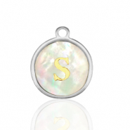 Breloques en acier Inox nacre rond 12mm lettre S Blanc (couleur naturelle)-argenté