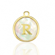 Breloques en acier Inox nacre rond 12mm lettre R Blanc (couleur naturelle)-doré
