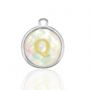 Breloques en acier Inox nacre rond 12mm lettre Q Blanc (couleur naturelle)-argenté