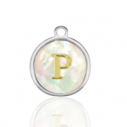 Breloques en acier Inox nacre rond 12mm lettre P Blanc (couleur naturelle)-argenté