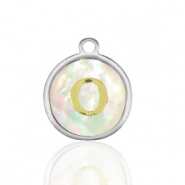 Breloques en acier Inox nacre rond 12mm lettre O Blanc (couleur naturelle)-argenté