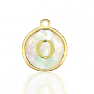 Breloques en acier Inox nacre rond 12mm lettre O Blanc (couleur naturelle)-doré