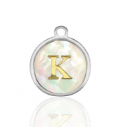 Breloques en acier Inox nacre rond 12mm lettre K Blanc (couleur naturelle)-argenté
