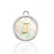 Breloques en acier Inox nacre rond 12mm lettre J Blanc (couleur naturelle)-argenté