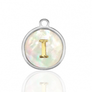 Breloques en acier Inox nacre rond 12mm lettre I Blanc (couleur naturelle)-argenté