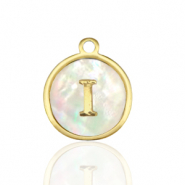 Breloques en acier Inox nacre rond 12mm lettre I Blanc (couleur naturelle)-doré