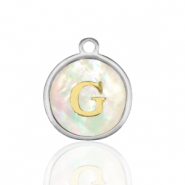 Breloques en acier Inox nacre rond 12mm lettre G Blanc (couleur naturelle)-argenté