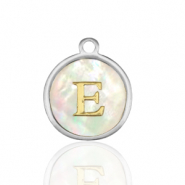 Breloques en acier Inox nacre rond 12mm lettre E Blanc (couleur naturelle)-argenté