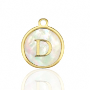 Breloques en acier Inox nacre rond 12mm lettre D Blanc (couleur naturelle)-doré