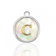 Breloques en acier Inox nacre rond 12mm lettre C Blanc (couleur naturelle)-argenté
