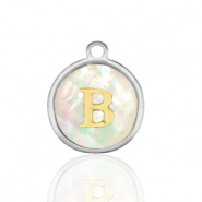 Breloques en acier Inox nacre rond 12mm lettre B Blanc (couleur naturelle)-argenté