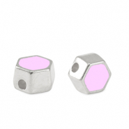 Perles en métal DQ hexagone Argenté antique-rose lilas (sans nickel)