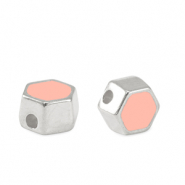 Perles en métal DQ hexagone Argenté antique-rose saumon (sans nickel)