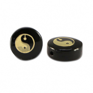 Perles en verre rondelles Yin & Yang Noir-doré