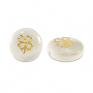 Perles en verre rondelles effet nacré trèfle Blanc-doré