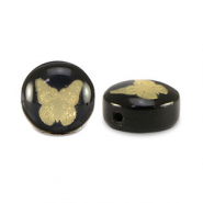Perles en verre rondelles papillon Noir-doré
