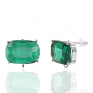 Boucles d’oreilles / puces d’oreilles en verre Crystal Glass avec anneau rectangle Vert-argenté