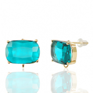 Boucles d’oreilles / puces d’oreilles en verre Crystal Glass avec anneau rectangle Bleu-doré
