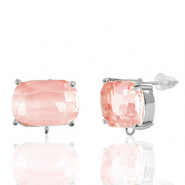 Boucles d’oreilles / puces d’oreilles en verre Crystal Glass avec anneau rectangle Pêche-argenté