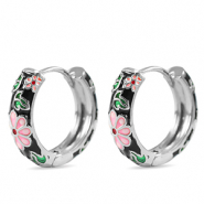 Métal TQ laiton créoles émaillées fleur Argenté-negro rose