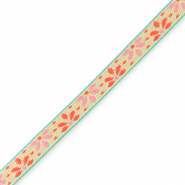 Ruban texte fleurs Vert clair-violet paisley