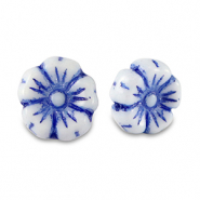 Perles tchèques fleur 9mm Bleu fort-blanc