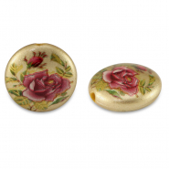 Perles en verre 14mm fleur Doré-rouge rose