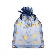 Sachet à bijoux en organza 9x12cm étoile Bleu marine-doré