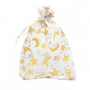 Sachet à bijoux en organza 9x12cm lune et étoile Blanc-doré