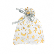 Sachet à bijoux en organza 7x9cm lune et étoile Gris clair-doré