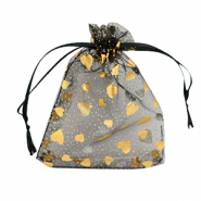 Sachet à bijoux en organza 9x12cm coeur Noir-doré