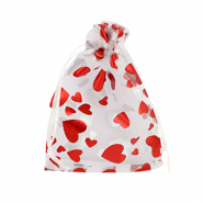 Sachet à bijoux en organza 9x12cm coeur Blanc-rouge