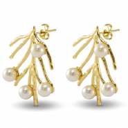 Boucles d'oreilles / puces en acier Inox algue imitations perles Dor&eacute;