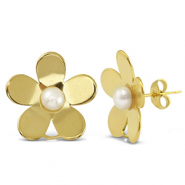 Boucles d'oreilles / puces en acier Inox perles fleur avec anneau Doré