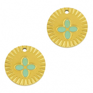 Breloques en acier Inox rond fleur Doré-menthe verte