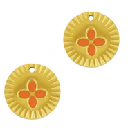 Breloques en acier Inox rond fleur Doré-orange