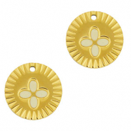 Breloques en acier Inox rond fleur Doré-blanc