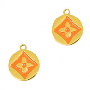 Breloques en acier Inox rond fleur Doré-orange