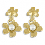Boucles d'oreilles / puces en acier Inox fleur avec imitations perles Doré