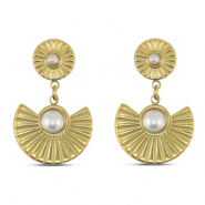 Boucles d'oreilles / puces en acier Inox éventail avec imitations perles Doré