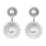 Boucles d'oreilles / puces en acier Inox soleil avec imitations perles Argenté